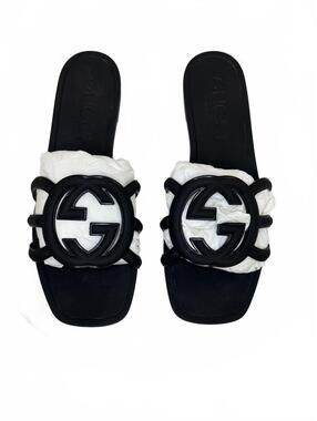 NEW! Gucci Black Rubber Interlocking G Cutout Slide Sandals Open Toe 38